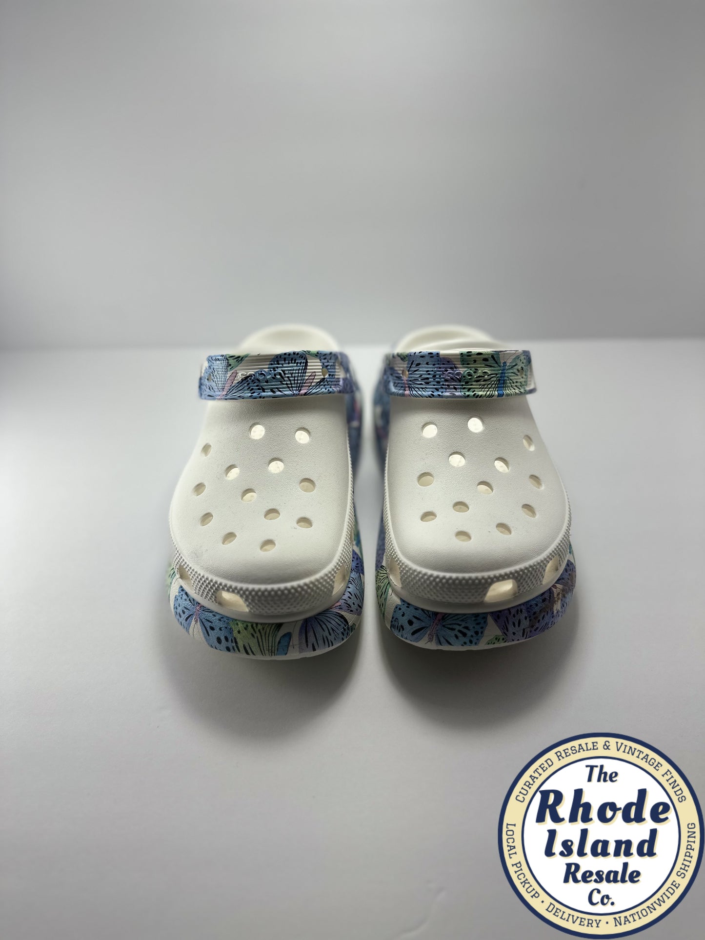 White Crocs with Butterfly Sole – Lightweight Clogs